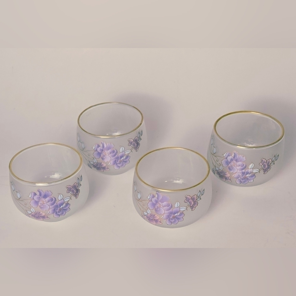Vintage Frosted Floral Glasses Gold Rim Purple Flowers Set of 4 - Picture 4 of 8